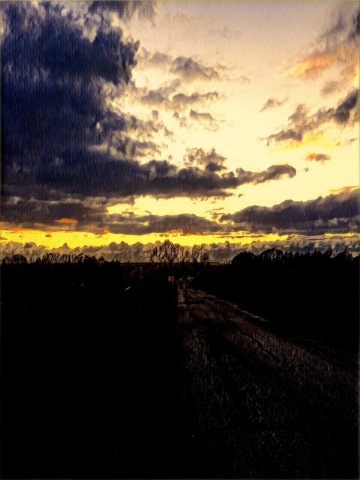 An autumn sunset over a dark road, edited with Prisma
